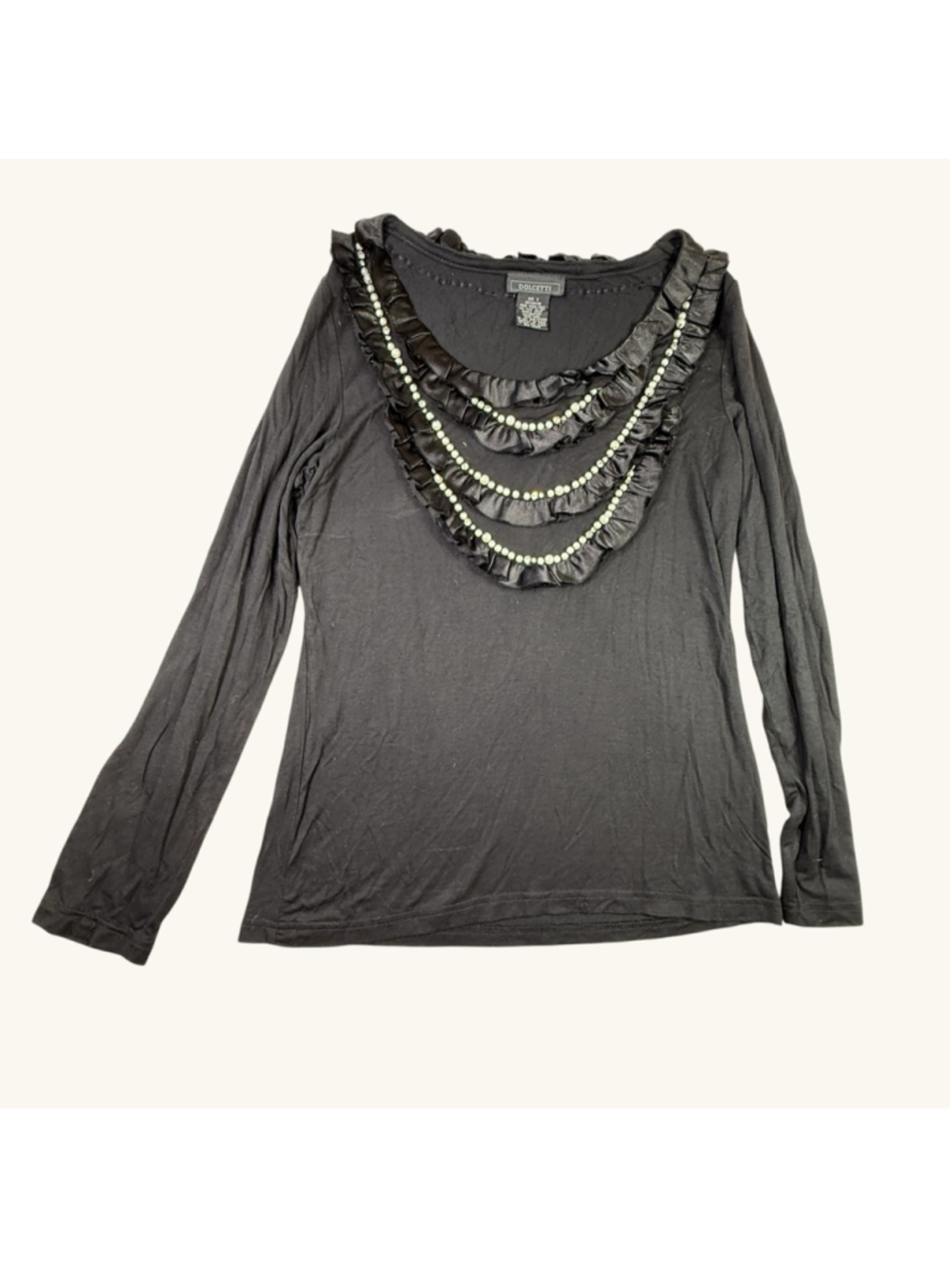 Dolcetti Black Ruffle Pearl Beaded Neckline Blouse Womens Size S Dressy Top